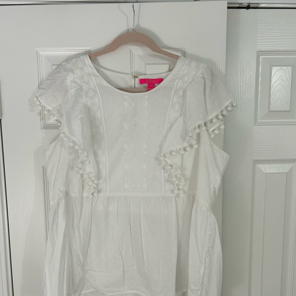 Lilly Pulitzer White Pom-Pom Ruffle Blouse